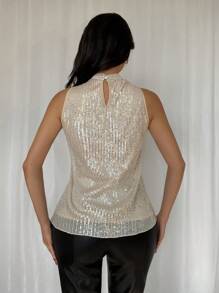 Chiquease 欧美轻奢无袖重磅亮片闪亮上衣女性感衬衫 - 杏色 - 查看 2