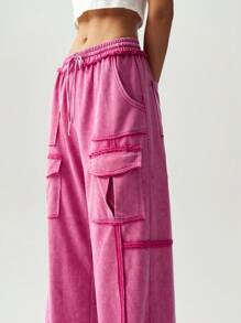 Bohemela Plus Size Solid Color Knitted Loose Cargo Pants,Vintage - Hot Pink - View 8