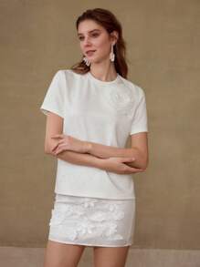 MOTF PREMIUM Camiseta con detalles de rhinestones y estampado floral estéreo - Blanco - Ver 6