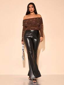 SHEIN BAE Parte superior de manga larga con decoración de strass transparente y sin tirantes, elegante y sexy para mujer de talla grande, ideal para fiestas y cumpleaños