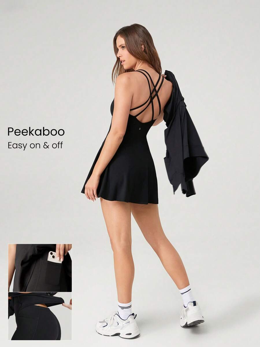 GLOWMODE FeatherFit™-Air Peekaboo Multi-Strap Crossover Backless Dress With Built-In Shorts Low Impact Yoga Daily Removable Cups Spring Summer - Black - View 1