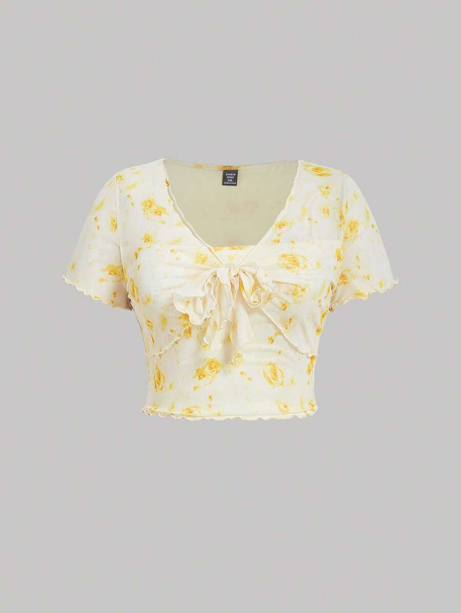 SHEIN MOD Plus Size Yellow Romantic Floral Print T-Shirt With Ruffle Trimmed Decorative Straps And Front Twisted Knot For Summer, Going Out Tops, Plus Tops, Tops - Yellow - View 1