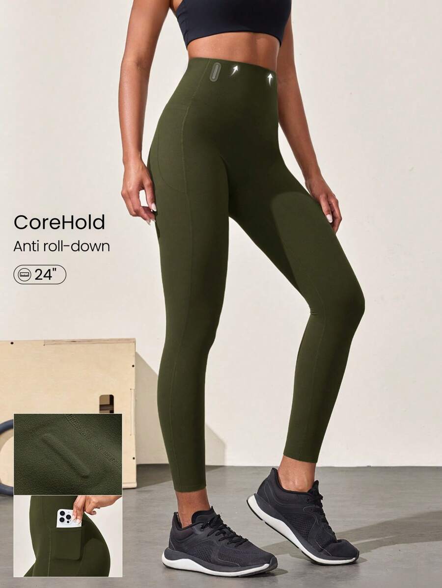 GLOWMODE Leggings con fajín y bolsillos laterales FeatherFit™-Sculpt de 24 pulgadas, con ajuste ceñido y antideslizante, control de abdomen, adecuado para entrenamiento, ejercicio y gimnasia de impacto medio