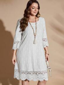 SHEIN Clasi Plus Size Women Round Neck Loose Lace Patchwork Casual Dress - White - View 1