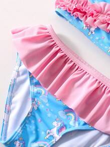 Young Girl Ruffled Rainbow Horse Print Tankini Swimwear Set - Multicolor - View 5