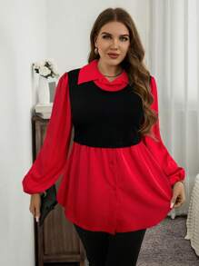 SHEIN LUNE Women Plus Size Color Block Long Sleeve Casual Top, Autumn Holiday - Red - View 3