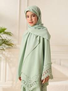 3pcs Tween Girls Sets: Mint Green Long Sleeve Embroidered Floral Trim Robe + Headscarf, Suitable For Outings, School, Home Ritual Abaya Outfit With Headscarf - Green - View 5