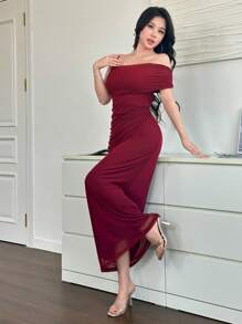 Modelyn 女士优雅褶饰不对称肩带腰部收紧派对连衣裙