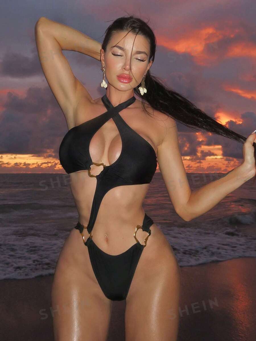 Swim SXY Traje de baño de una pieza sexy con acabado metálico asimétrico para mujeres, ideal para vacaciones de primavera en la playa, fiestas en la piscina, verano