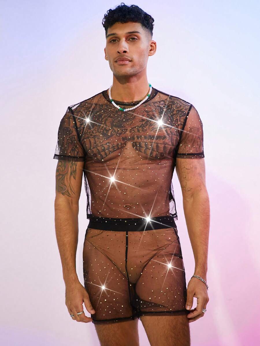 FeverCity Men's Mesh Sheer Crew Neck Short Sleeve T-Shirt Set - Black - View 1