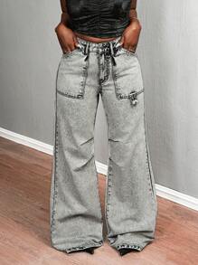 SHEIN Slayr Women's Pleated Pocket Wide Leg Loose Casual Jeans