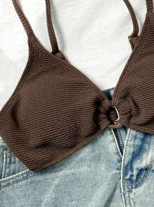 SHEIN Swim Springbreak Women's Solid Textured Fabric Spaghetti Strap Front Resin Circle Decor Casual Beach Bikini Top, Summer Vacation - Coffee Brown - View 5