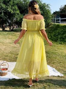 Flirla Plus Size Ladies Elegant Jacquard Off Shoulder Ruffled Long Dress - Yellow - View 2