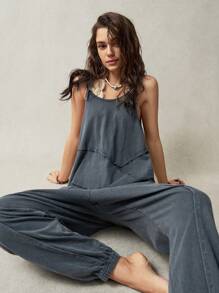 Bohemela 大码纯色针织宽松连体裤，简约时尚休闲日常穿着 - 灰色 - 查看 7