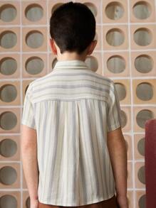 年轻男孩休闲条纹短袖衬衫，乡村风格 - 米色 - 查看 2