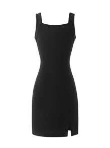 Sparklyn 青少年女孩休闲百搭运动宽肩带方领修身针织迷你连衣裙 - 黑色 - 查看 3