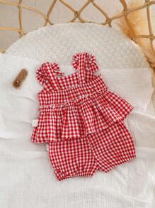SHEIN Newborn Baby Girl 2pcs Cute Red Plaid Bow Camisole Top And Shorts Set, Summer - Red and White - View 2
