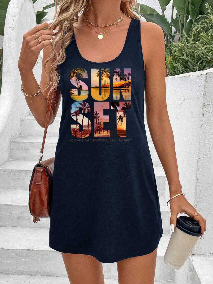 SHEIN VCAY 女式无袖休闲日落棕榈树海滩印花“SUNSET”字母图案迷你连衣裙、度假风格、针织图案印花、女士休闲夏季度假服装、波西米亚海滩度假服装、波西米亚风时尚、节日服装、女士海滩服装、女士夏季服装、毕业服装、女士生日服装、海滩必需品、女士机场服装、7 月 4 日女士服装、俱乐部服装、女士乡村服装、欧洲夏季、茶会礼服、生日礼服、夏季太阳裙、适合外出的女士夏季连衣裙 - 藏蓝色 - 查看 1