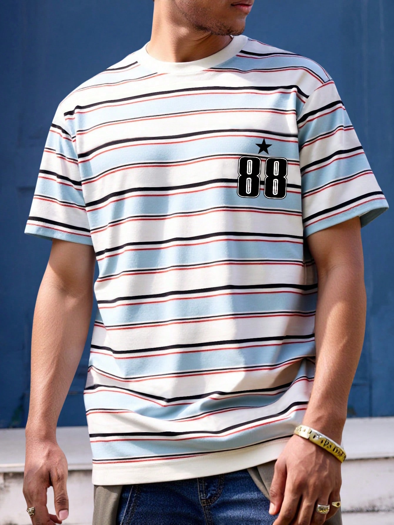 Manfinity Dauomo Men's Striped Pentagram Print Round Neck Casual Short Sleeve T-Shirt 3203 9710