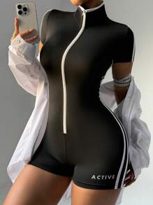Easithlete 撞色立领紧身运动连体衣 - 黑色 - 查看 6