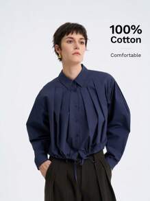 SHEIN LUNE Áo sơ mi dài tay chất lượng cao, đơn giản, thanh lịch, màu trơn dành cho nữ, có xếp ly phía trước và viền dây rút, phù hợp để đi làm và đi làm, mùa xuân/thu - Màu xanh hải quân - Xem 1