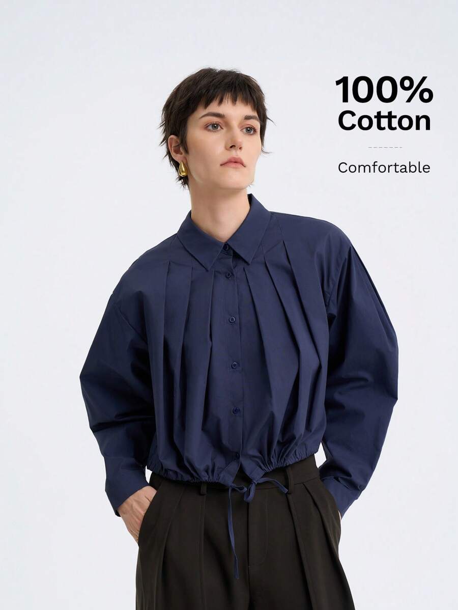 SHEIN LUNE Áo sơ mi dài tay chất lượng cao, đơn giản, thanh lịch, màu trơn dành cho nữ, có xếp ly phía trước và viền dây rút, phù hợp để đi làm và đi làm, mùa xuân/thu - Màu xanh hải quân - Xem 1