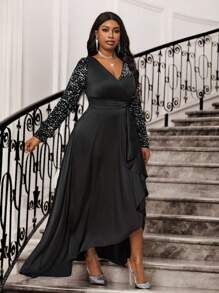 SHEIN Lady Spring And Summer Valentine's Day Formal Dresses For Women Prom Dress Business Casual Woman Wedding Guest Dress Women Black Sequin Patchwork Women Long Black Dresses