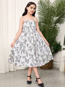 SHEIN 2 件套 女童宽松休闲花卉印花吊带背心裙和短袖开衫 - 黑與白 - 查看 7