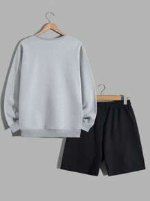 RueChic Men Letter Printed Regular Sweatshirt & Short Set - Grey - View 2