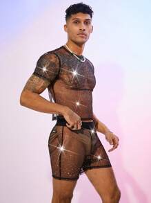 FeverCity Men's Mesh Sheer Crew Neck Short Sleeve T-Shirt Set - Black - View 3