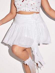 SHEIN ICON Plus Size 3D Floral Ruffles Decorated A-Line Mesh Skirt