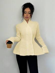 Elenzga Elegant Waist-Cinched Double-Breasted Ribbed Peplum Cardigan - Yellow - View 5