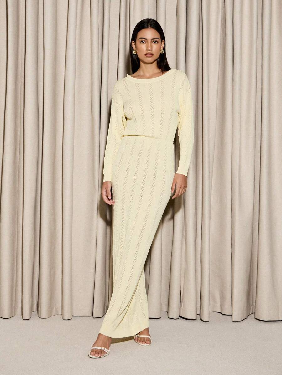 AiiRZ Pointelle Knit Long Sleeve Sweater Dress Cinched Waist Midi Length  Winter Fall Elegant Party Wedding Guest Formal Special OccasionMISSGUIDED