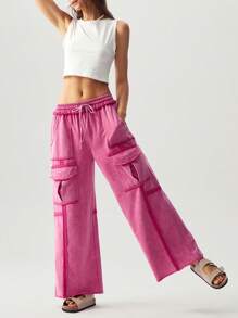 Bohemela Plus Size Solid Color Knitted Loose Cargo Pants,Vintage - Hot Pink - View 1