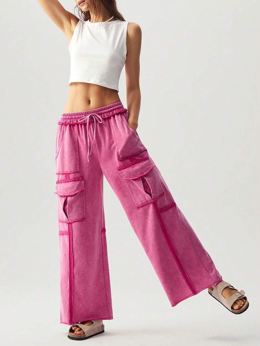 Bohemela Plus Size Solid Color Knitted Loose Cargo Pants,Vintage - Hot Pink - View 1