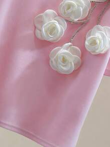 SHEIN EZwear 女士 3D 花卉水晶装饰圆领短袖 T 恤 - 粉色 - 查看 3