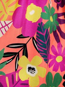 SHEIN Young Girl Floral Print Round Neck Loose Fit Short Sleeve Dress, Vacation Style