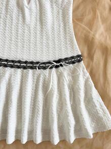 Soleia White Knit Jacquard Crinkled Metal Ring Decor Lace Trim Colorblock Low Waist A-Line Mini Dress