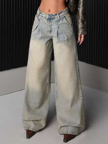 EURMUSE WOMEN LOW WAIST WIDE LEG JEANS DART DETAILED - Light Wash - View 1