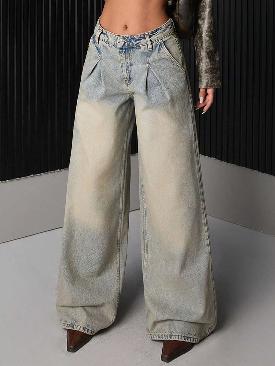 EURMUSE WOMEN LOW WAIST WIDE LEG JEANS DART DETAILED - Light Wash - View 1