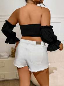 SHEIN VCAY 大码女式露肩短袖扭纹前短款上衣 - 黑色 - 查看 3