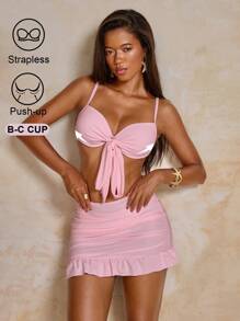 SHEIN Swim Women 3pcs Swimwear Solid Color Twist Front Ruched Bikini Set With Frilled Hem Skirt , For Summer Beach Vacation - Pink - View 5