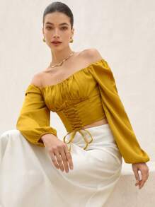 Aveloria Rosie Blouse à manches courtes et longues, col carré satiné brillant, avec nœud à la taille, style romantique français de vacances