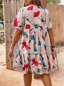 EMERY ROSE Plus Size Women's V-Neck Button Front Floral Patterned Dress