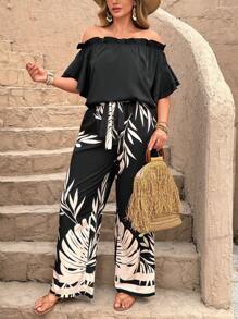 SHEIN LUNE 2pcs/Set Plus Size Fashionable Casual Off Shoulder Ruffle Sleeve Top And Self Tie Pants - Black - View 3