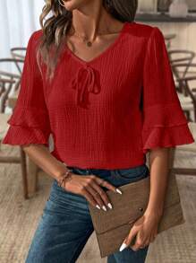 SHEIN LUNE Áo cánh vải lanh cổ chữ V tay ngắn xếp nếp cho nữ mặc trong dịp năm mới - Đỏ - Xem 4