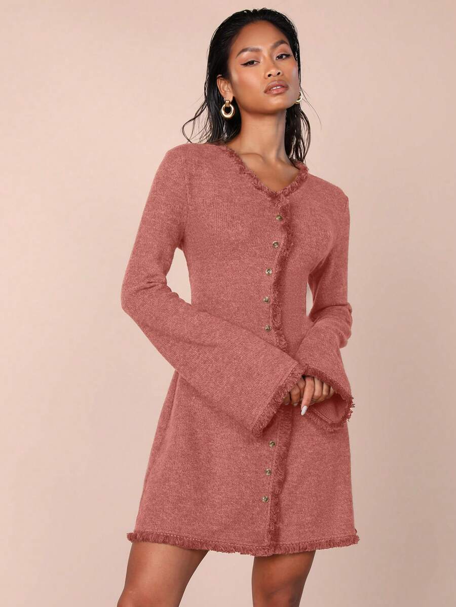 COSMINA Đầm mini đơn giản tối giản, tay dài, cài nút phía trước, tua rua cho nữ - Đỏ - Xem 1