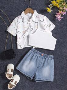 3pcs/Set Girls Summer Printed Shirt, Vest And Denim Shorts - Multicolor - View 1