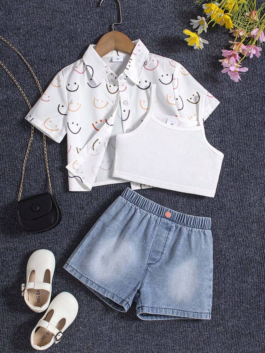 3pcs/Set Girls Summer Printed Shirt, Vest And Denim Shorts - Multicolor - View 1