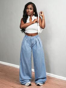 SHEIN Slayr Women's Casual Washed Striped Wide Leg Jeans - Blue - View 7